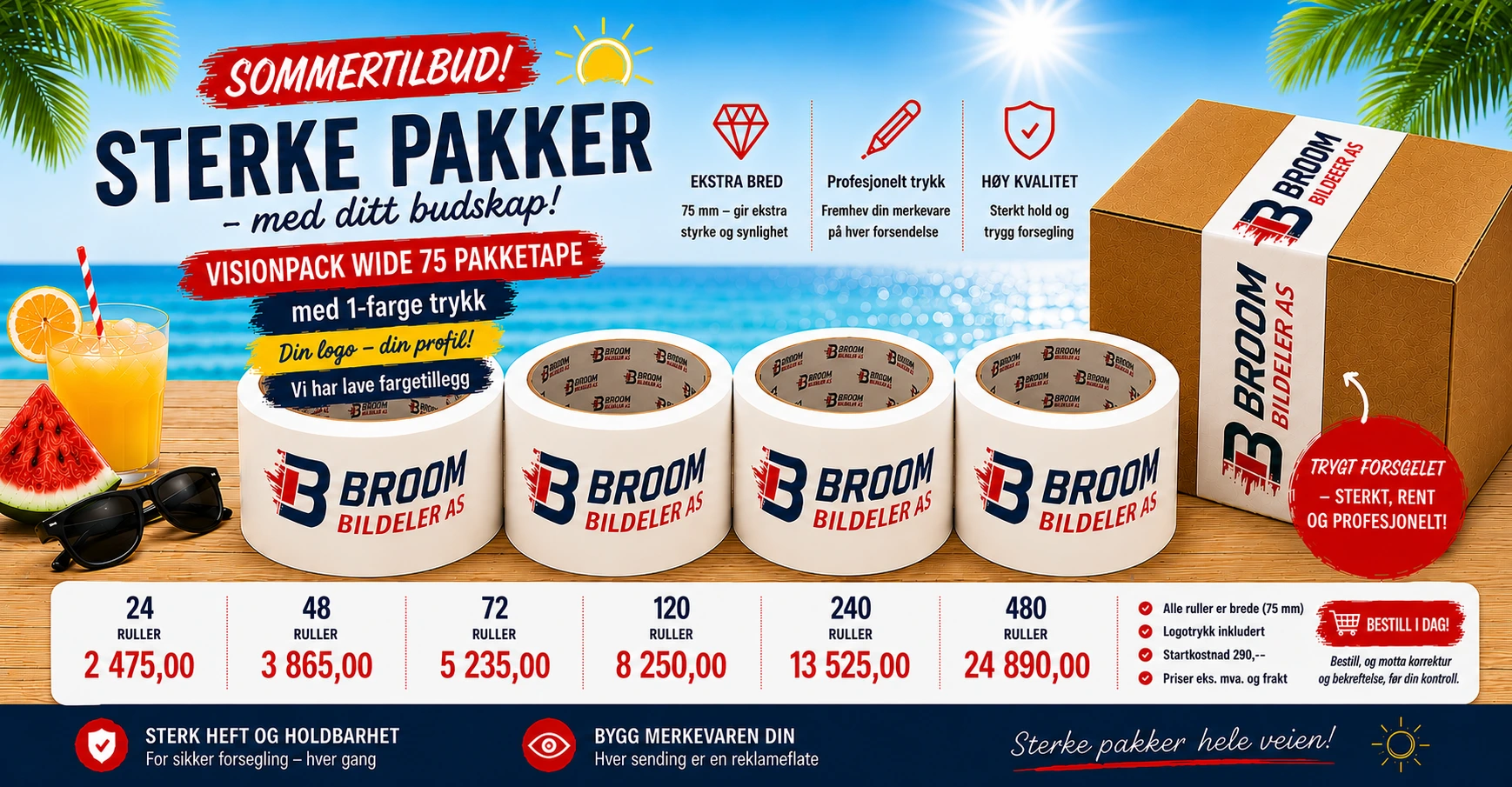 Ekstra bred pakketape med logotrykk Ekstra bred pakketape med logotrykk