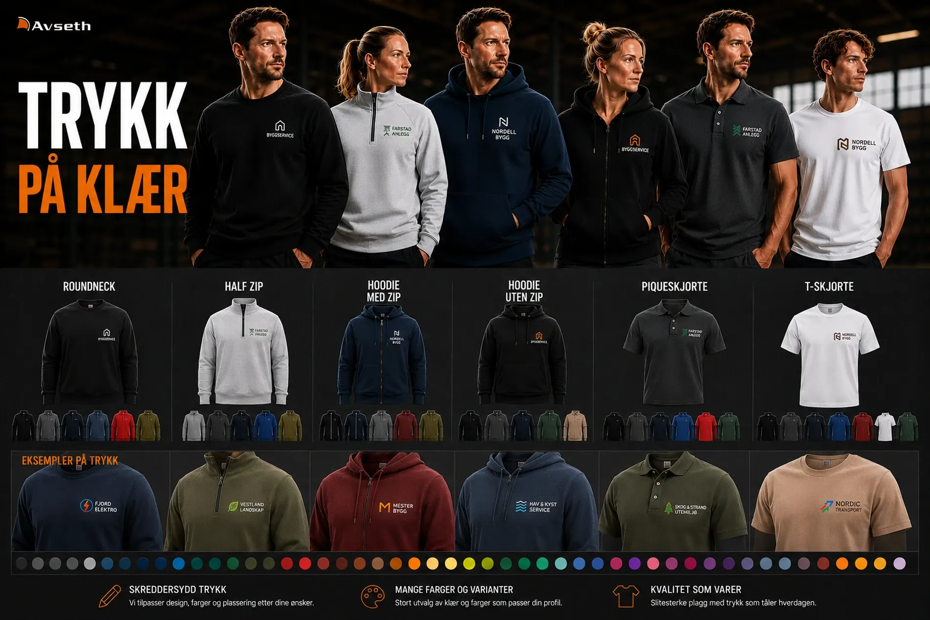 Trykk på klær med logo på t-skjorter, hoodies, piqueskjorter og arbeidstøy